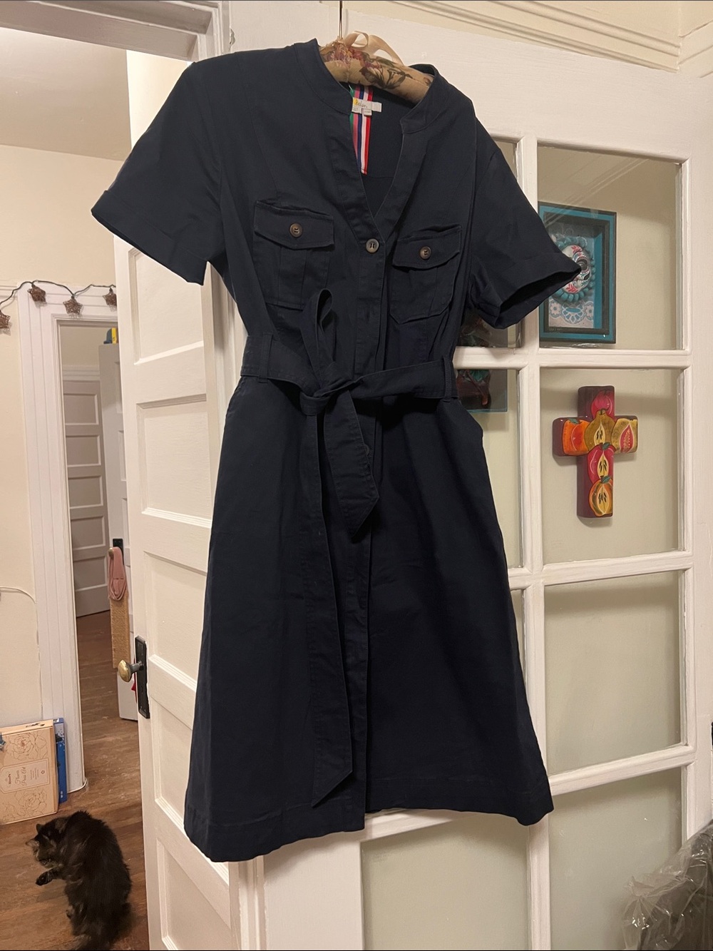Boden Navy Short-Sleeve Shirt Dress with Waist Tie